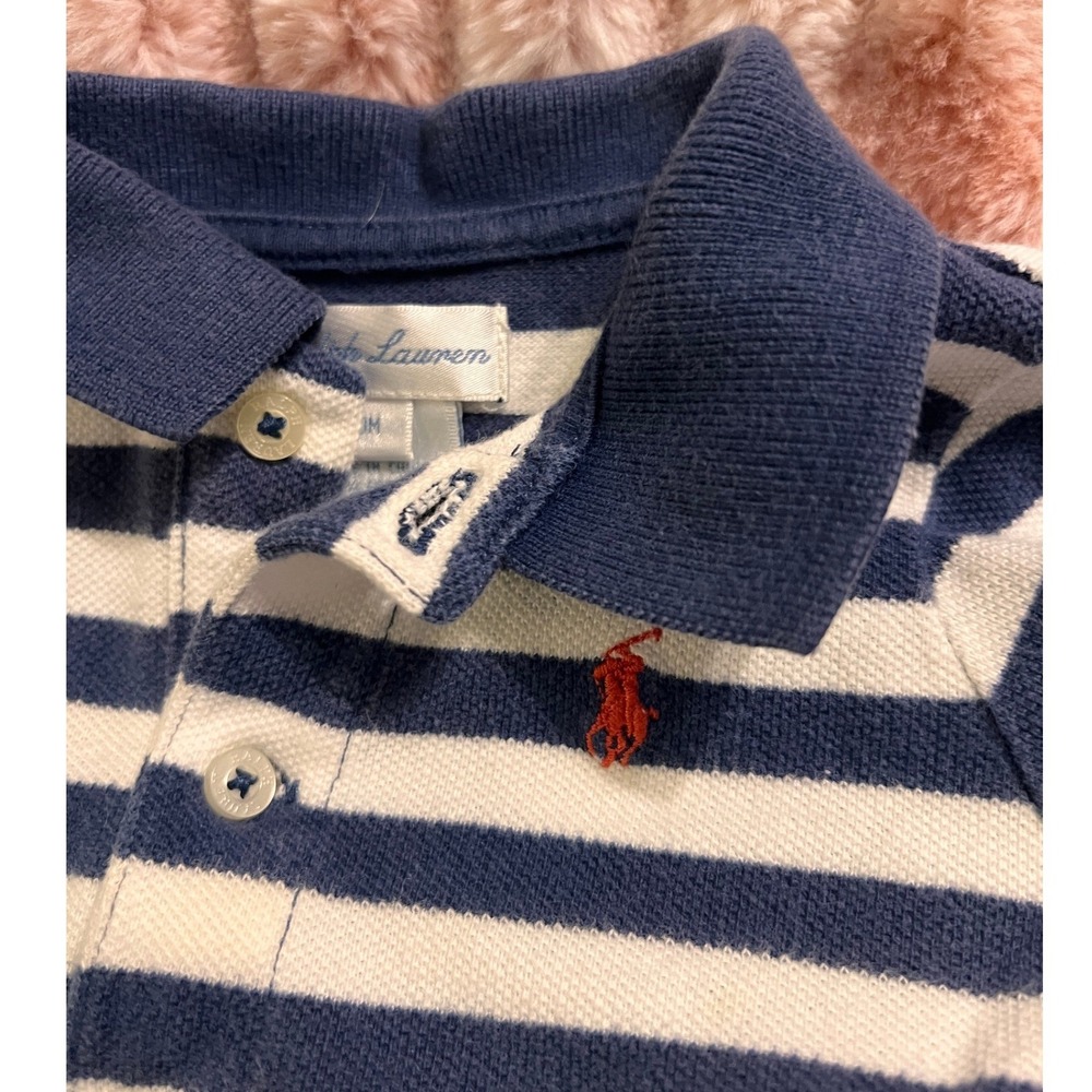 Ralph Lauren Polo Romper Baby 9M Navy Blue White Striped Pony Logo